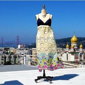 Anthropologie Mermaid Silk Ocean Maxi Dress Summer A-Line Adjustable Strap XL